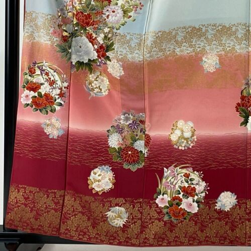 Japanese kimono SILK FURISODE Flower Circle Dew covered Grass Pink - Picture 2 of 5