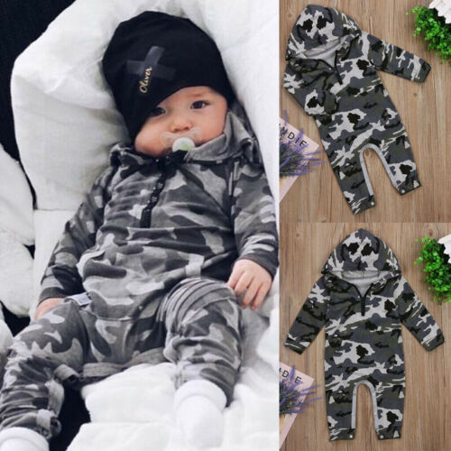 Newborn Infant Baby Boy Camouflage Hooded Jumpsuit Bodysuit Warm Clothes Outfit - Picture 1 of 11
