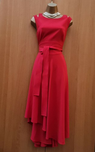 12 UK Karen Millen Christmas Red Asymmetric Fit Flare Dippy Hem Belt Midi Dress - Picture 5 of 11