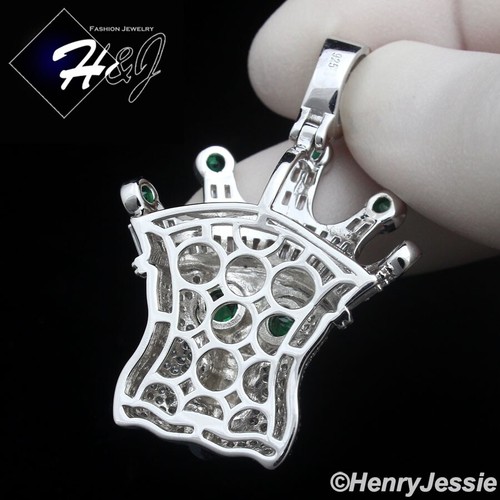 MEN SOLID 925 STERLING SILVER ICY GREEN CZ 3D SKULL HEAD KING CROWN PENDANT*P457 - Picture 3 of 5