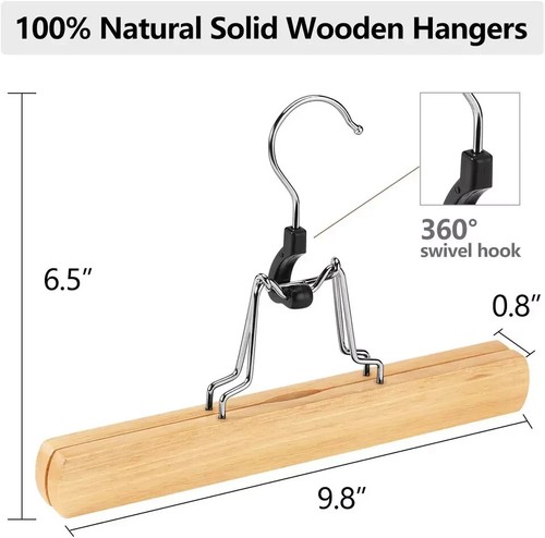 12 Pack Natural Wooden Pants Hangers Clips Non Slip Skirt Hangers Trouser Clamp - Picture 3 of 8