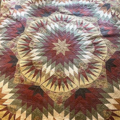 Couette patchwork vintage étoile solitaire 90”x92” vert rouge beurre jaune floral (DÉFAUT)