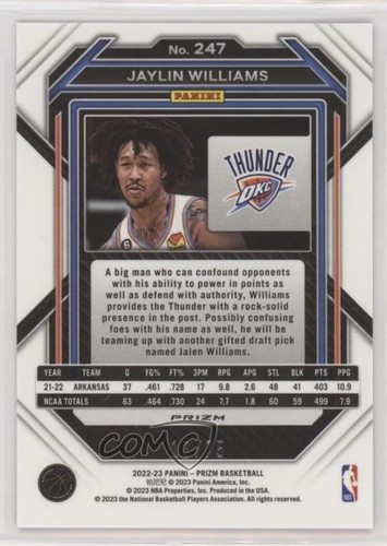 Panini Prizm Fast Break Purple Prizm 2022-23/75 Jaylin Williams #247 Rookie RC - Imagen 2 de 3