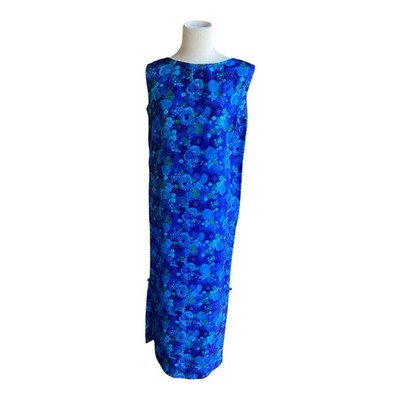 Vtg 60 s Richard Douglas Hawaii Maxi Dress Blue Floral Cheongsam Wiggle Sateen S