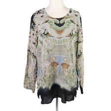 Citron black and cream bird oriental design silk blouse top L