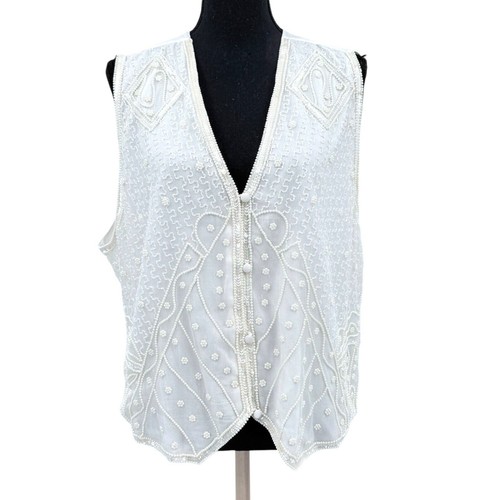 New Vintage Deadstock Amanda Smith White Silk Beaded Pearls Vest 1x - Picture 6 of 10