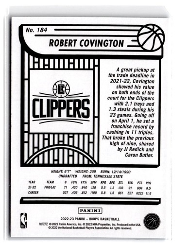 2022-23 Hoops Robert Covington #184 Teal Explosion Los Angeles Clippers - Picture 2 of 2