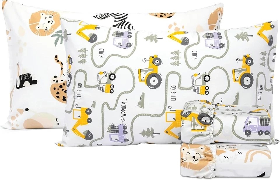 Juego de sábanas dobles 100 % algodón 210TC para niños juego de 4 piezas Jungle Safari/Tractor Foto 2 de 4