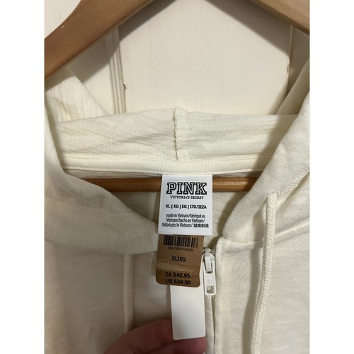 Felpa con cappuccio zip intera Victoria Secret panna rosa nuova con etichette taglia XL orlo grezzo ritagliato - Foto 2 di 9