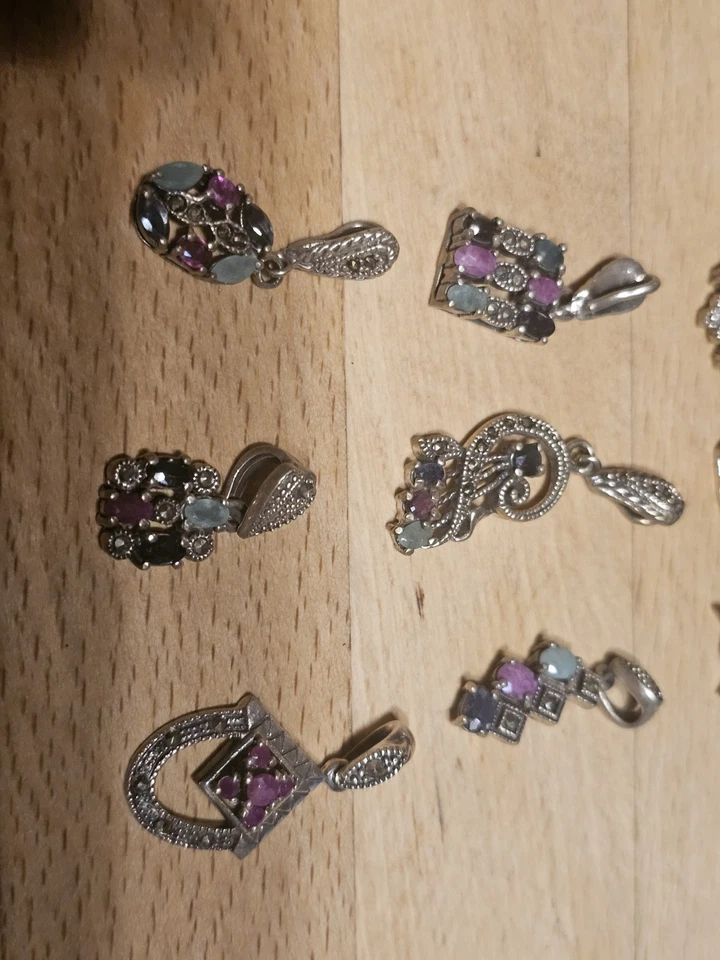 Konvolut 925 Silber Anhänger Mit Rubin, Smaragd Saphir, Markasit - Bild 2 von 3