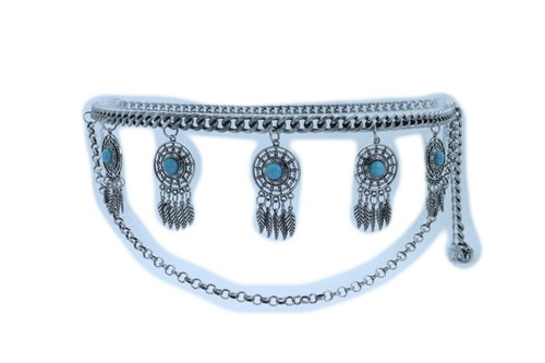 Women Antique Belt Silver Metal Chain Feather Turquoise Beads Charms Plus XL XXL - Picture 8 of 24