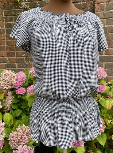NWOT Fatface Fat Face Gingham Gypsy Peasant Prairie Country Top 12 Blue White - Picture 2 of 7