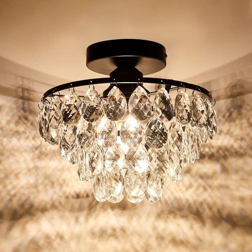 Modern Small Crystal Ceiling Light Fixture Mini Black Semi Flush Mount Chandelie - Picture 10 of 12
