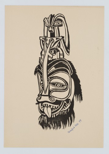 M. BOLZ (20.Jhd), Totempfahl mit Masken, 1959, Holzstich Moderne Ornament - Bild 2 von 4