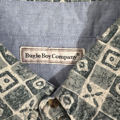 BUGLE BOY Vtg 90s Button Down Shirt Short Sleeve Men's Sz L Pocket Green Beige - Picture 3 of 7