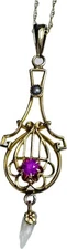 Antique Ostby & Barton  10K Gold Ruby Pearl Lavalier Pendant & 10K Necklace