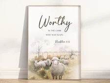Worthy Is the Lamb Poster, Revelation 5:12 Canvas Wall Art Christian Bible Verse