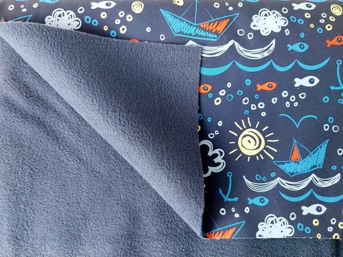 Stoff Softshell ca. 160cm Marineblau Maritim Schiffe Meer Fische Kinderstoff Neu - Bild 2 von 2