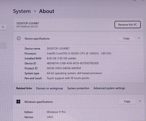 HP ELITEBOOK 850 G5 i5-8250U@1.6GHZ 8GB RAM 256GB NVMe WIN-11P TOUCH *READ - Picture 9 of 13