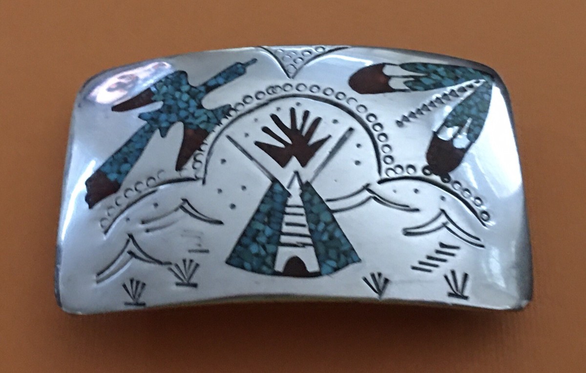 Teepee Love Vintage Native American Navajo Turquoise Coral Chip Inlay Sterling Silver Ring Old Teepee Love Vintage Native American Navajo Turquoise Coral Chip Inlay Sterling Silver Ring Old