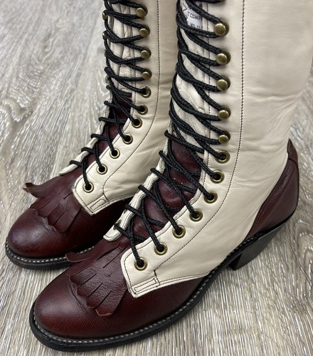 OLATHE Womens Vintage White Maroon 11” Lace Up Kiltie Packer Boots size 5.5 - Picture 2 of 9