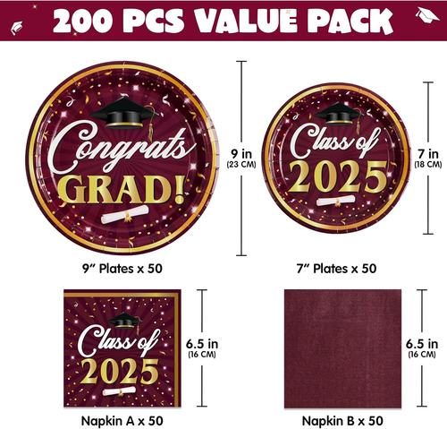 2025 Graduation Party Plates and Napkins Tableware Set Supplies (Maroon & Gold), - Picture 2 of 12