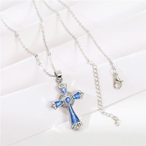 Dark  Blue Opal Cross Pendant Necklace Christian Jewelry for Men Women Gift - Picture 3 of 4