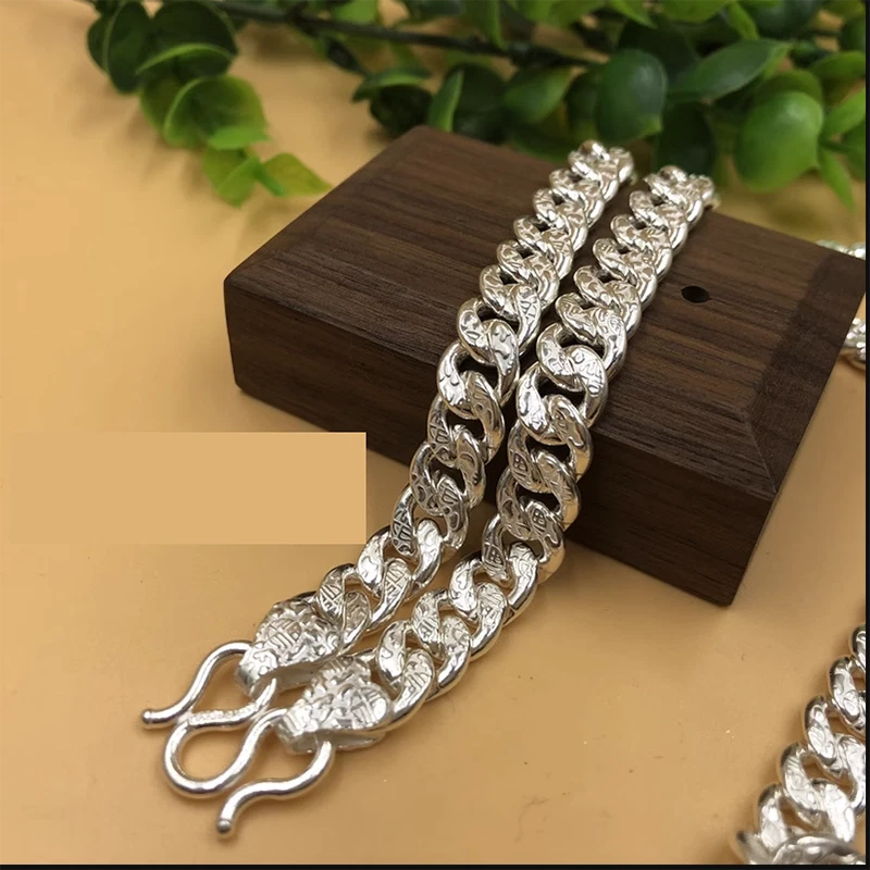 Cadena de plata fina pura 999 para hombres y mujeres tallada afortunada sólida collar de eslabones cubanos Foto 2 de 4