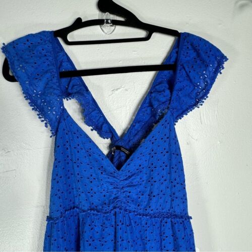 ZARA blue eyelet lace midi dress tiered ruffle strap cotton women small cottage - Picture 4 of 16