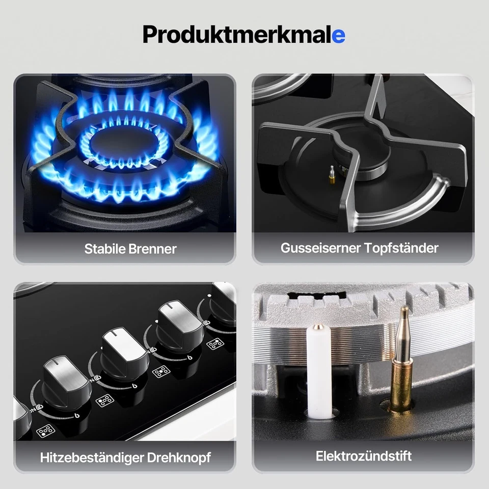 WEHIMO Gaskochfeld 77cm autark 10.5kw WOK Gasherd 5 Flammen Gas auf Glas Schwarz - Bild 4 von 4