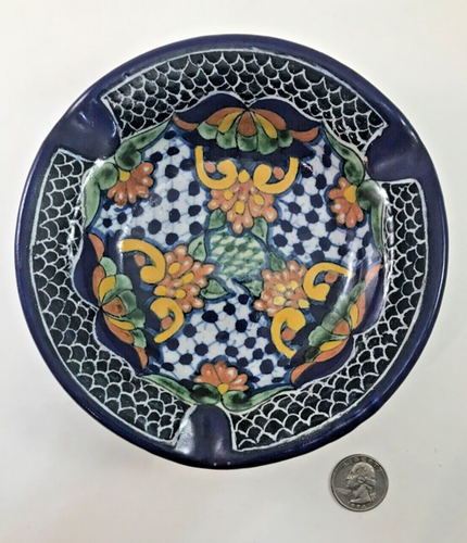 Talavera Ashtray La Corona Queretaro, Mexican Pottery Hand-Painted Glazed Used - Picture 3 of 8