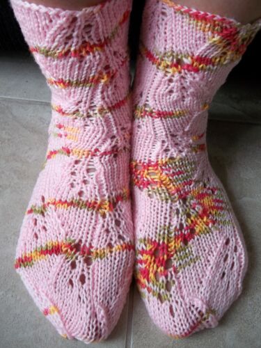 Hand knitted lace pattern socks, pink with red, yellow and olive - Picture 1 of 3
