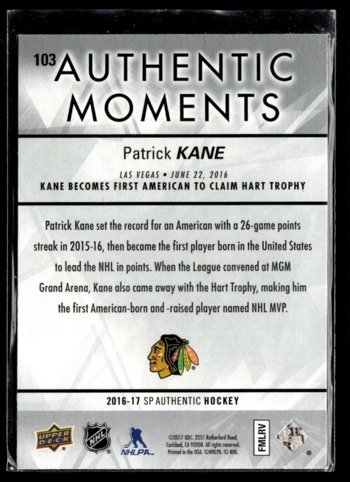 2016-17 SP Authentic moments Patrick Kane #103 H9R1D - Image 2 of 2