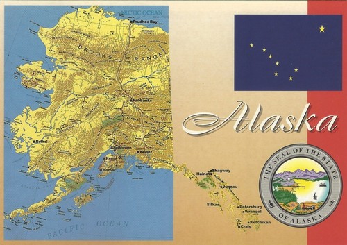 Alaska Map, Great Seal & Flag color postcard (STAMPS, POSTAGE, COLLECTIBLE) - Picture 1 of 2