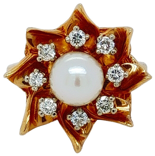 Anillo Modernista Oro Amarillo 14K 7MM Perla .32TCW Diamantes 6.14 Gramos Talla 5.25 585 - Imagen 2 de 7