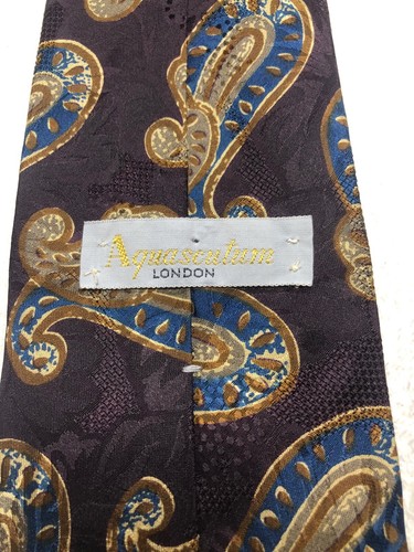 AQUASCUTUM MENS TIE DEEP PURPLE WITH BLUE BROWN 3.75 X 58 - Picture 4 of 4