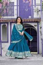 New Designer Chinnon Silk Teal Blue Color Gown With Dupatta For Girls Wear