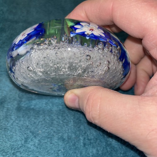 Vintage Hand-Blown Glass Paperweight With Blue Flower & Controlled Bubbles #WW - Picture 14 of 24