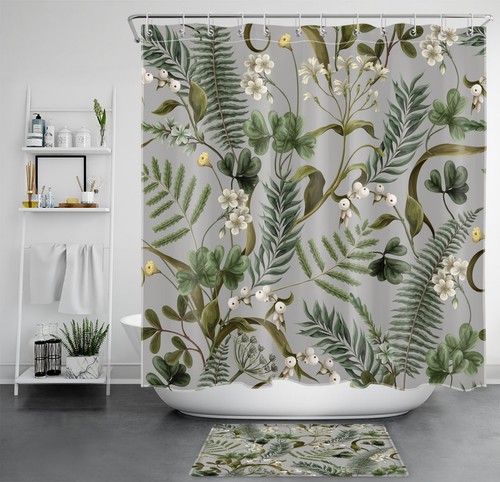 Tropisch Grün Blatt Floral Botanisch Grau Duschvorhang Set für Badezimmer Dekor - Bild 21 von 21