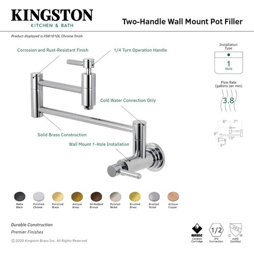 Kingston Brass Elements of Design ES8103DL South Beach Wall Mount Pot Filler,... - Picture 5 of 5