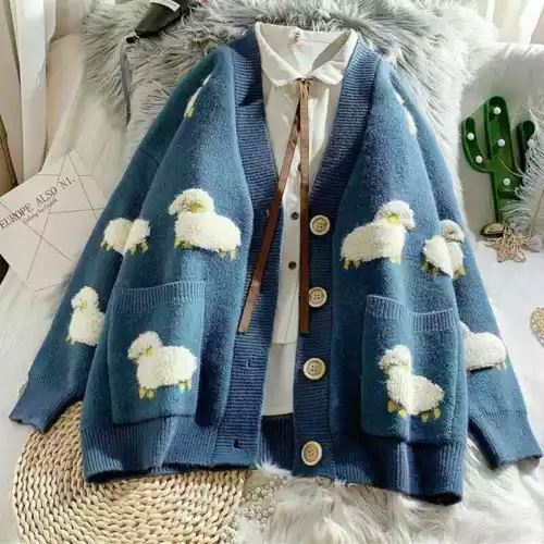 V Neck Coat Cartoon Knit Sheep Female Cute Loose Cardigan Autumn Women Sweater - Picture 3 of 18