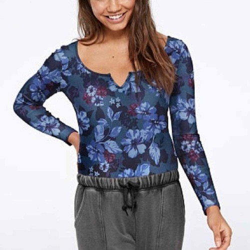 Victoria's Secret PINK L Blue Floral Long Sleeve Bodysuit NEW - Picture 2 of 6