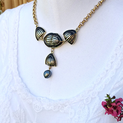 Vintage Necklace Bijoux Art Deco Y-Drop Black Gold Striped