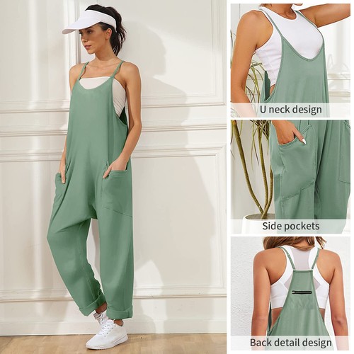 Women's Casual Sleeveless Jumpsuits Spaghetti Strap Loose Romper Long Bib Pants - Picture 30 of 49