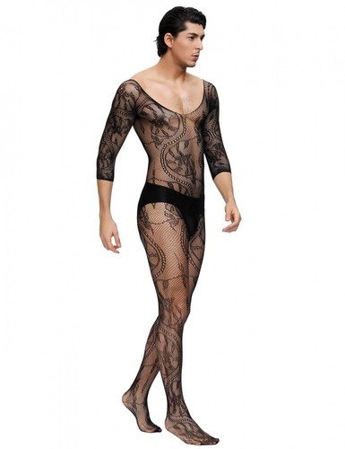 Herren Spitze Catsuit Strapse Transparenz V-Ausschnitt Body Stocking Nylon S/M/L - Bild 2 von 3