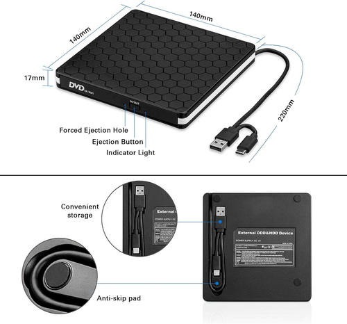Cocopa BT686 External CD DVD Drive, Type-C USB 3.0 Slim Portable CD Reader | 936 - Picture 6 of 12