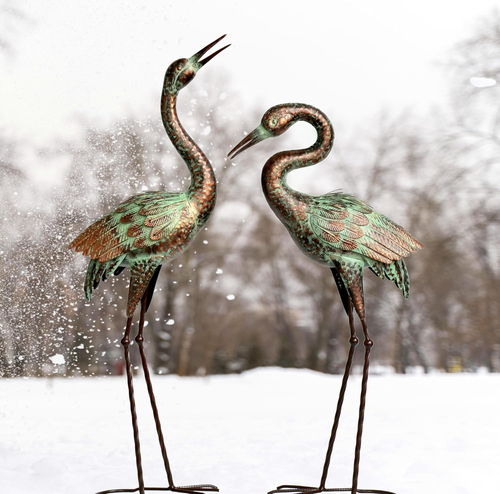 Crane Statue Blue Heron Sculpture Metal Bird Patina Garden Indoor Outdoor 2 Set - Picture 2 of 9