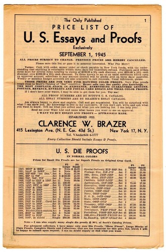 Essays For US Adhesive Postage Stamps w/ Price Lists Clarence W Brazer HB 1941 - Picture 2 of 8