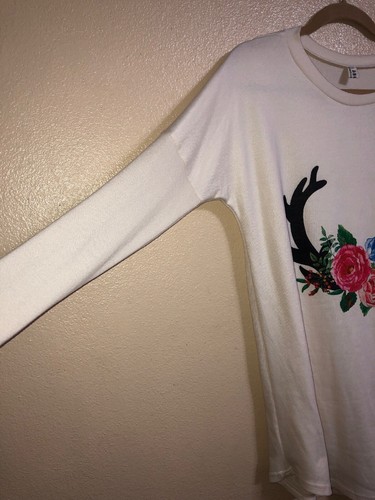 Antler Deer Floral Roses graphic knit Tunic Elbow Patch Cream XL Jersey Top - Picture 9 of 12