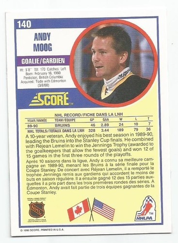 ANDY MOOG 1990-91 SCORE BILINGUAL CARD NM-MT+ CONDITION - Picture 2 of 2